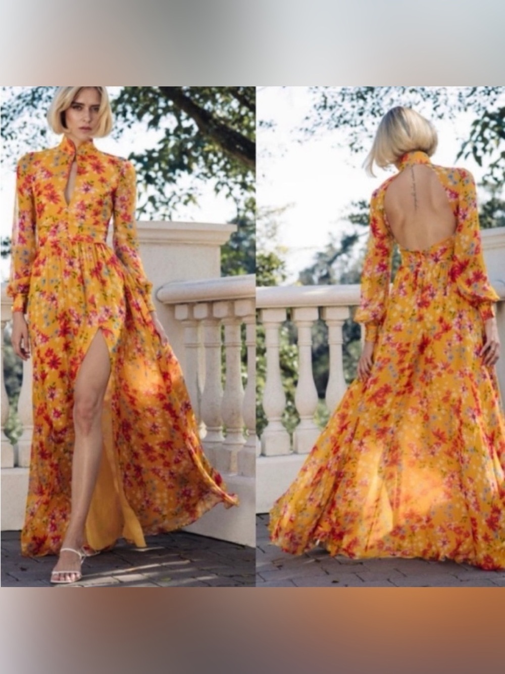 Sau Lee Carolina Gown Dress Yellow Multi Floral NWT Maxi Open Back Silk Size 4 - Picture 3 of 16